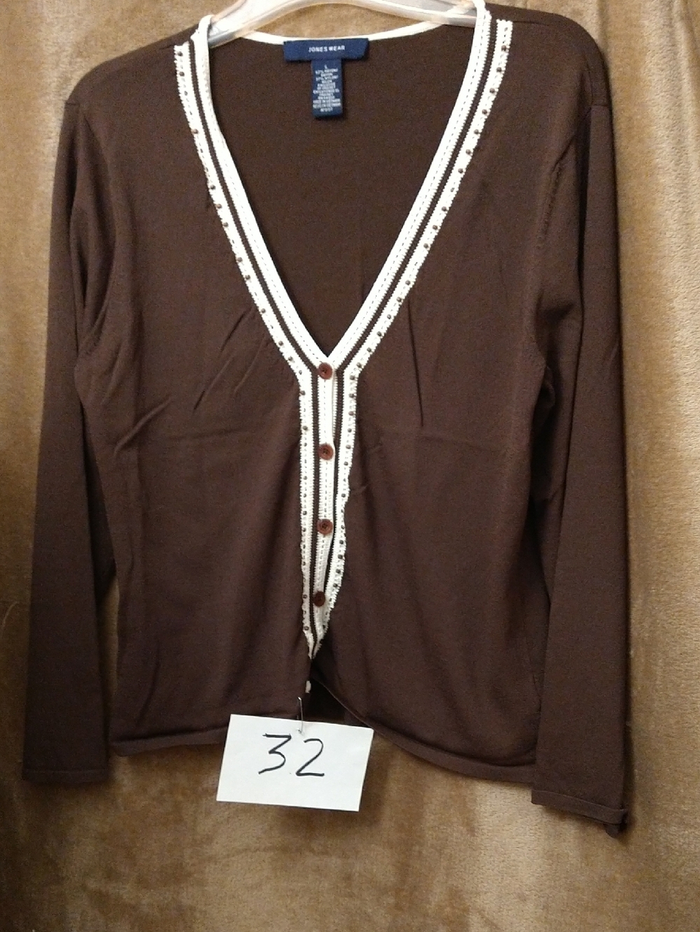 Jones New York Brown Cardigan with Cream Trim and Buttons, Size Large